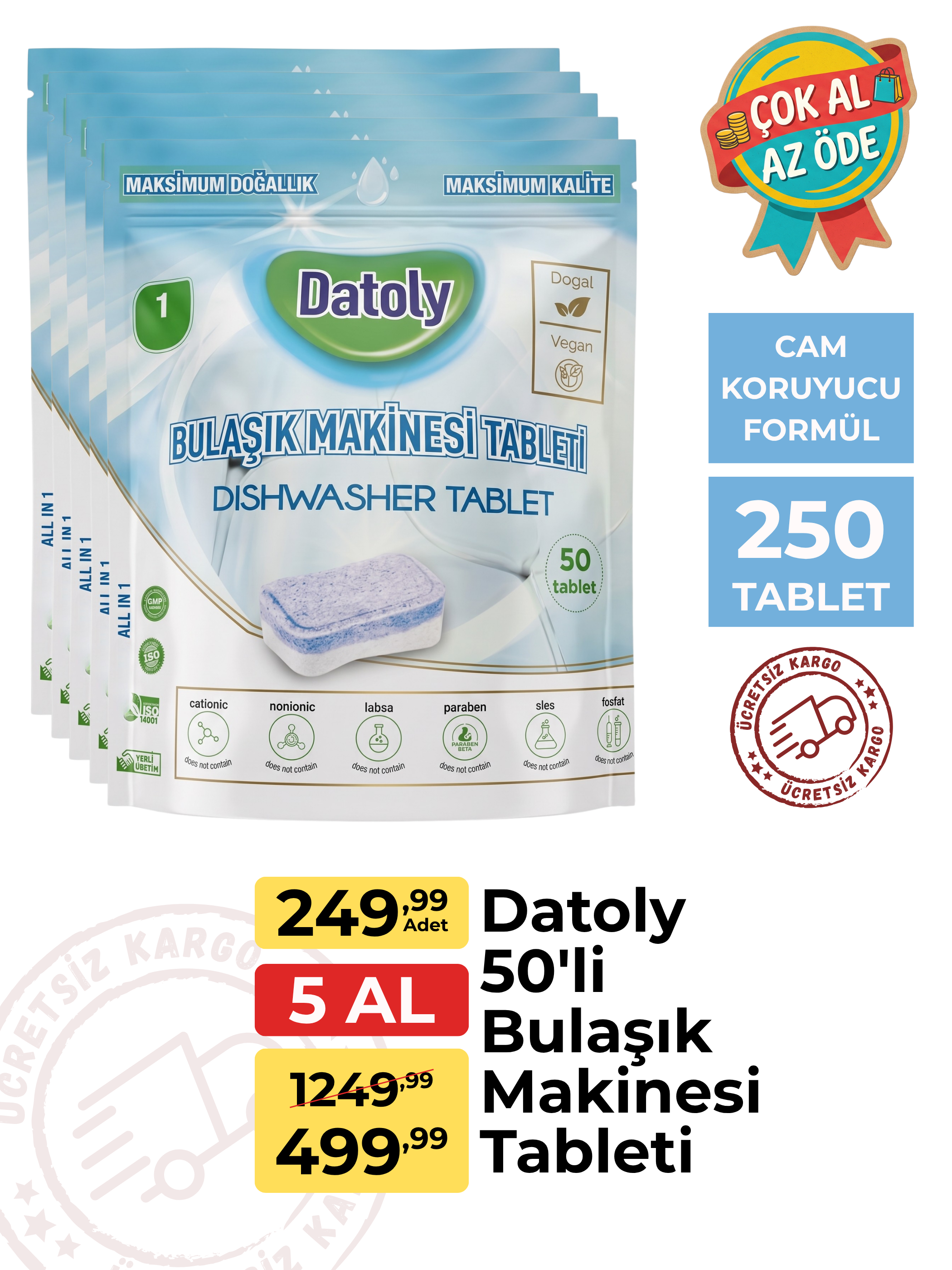 Datoly Hepsi 1 Arada Bulaşık Makinesi Tableti 50'li - Yağ Sökücü, Tuz & Parlatıcı Etkili Kireç Önleyici Deterjan