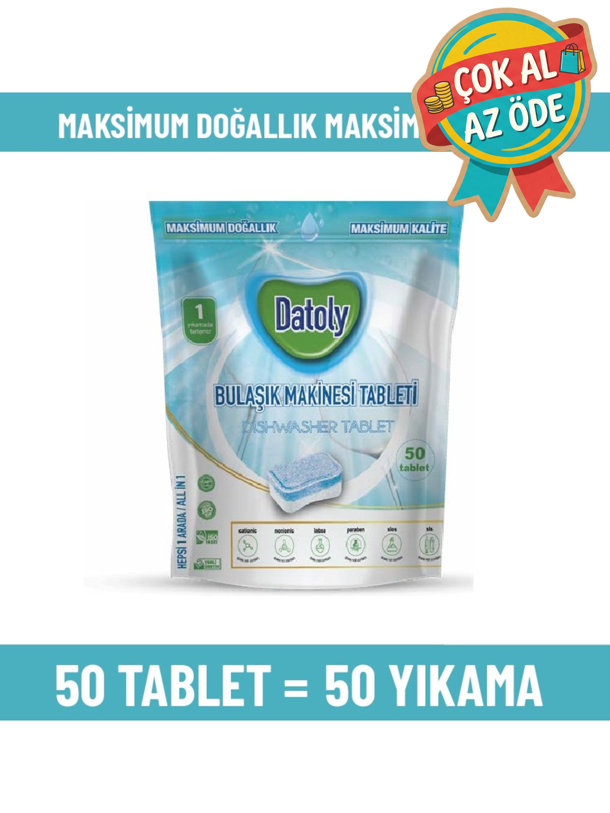 Datoly Hepsi 1 Arada Bulaşık Makinesi Tableti 50'li - Yağ Sökücü, Tuz & Parlatıcı Etkili Kireç Önleyici Deterjan
