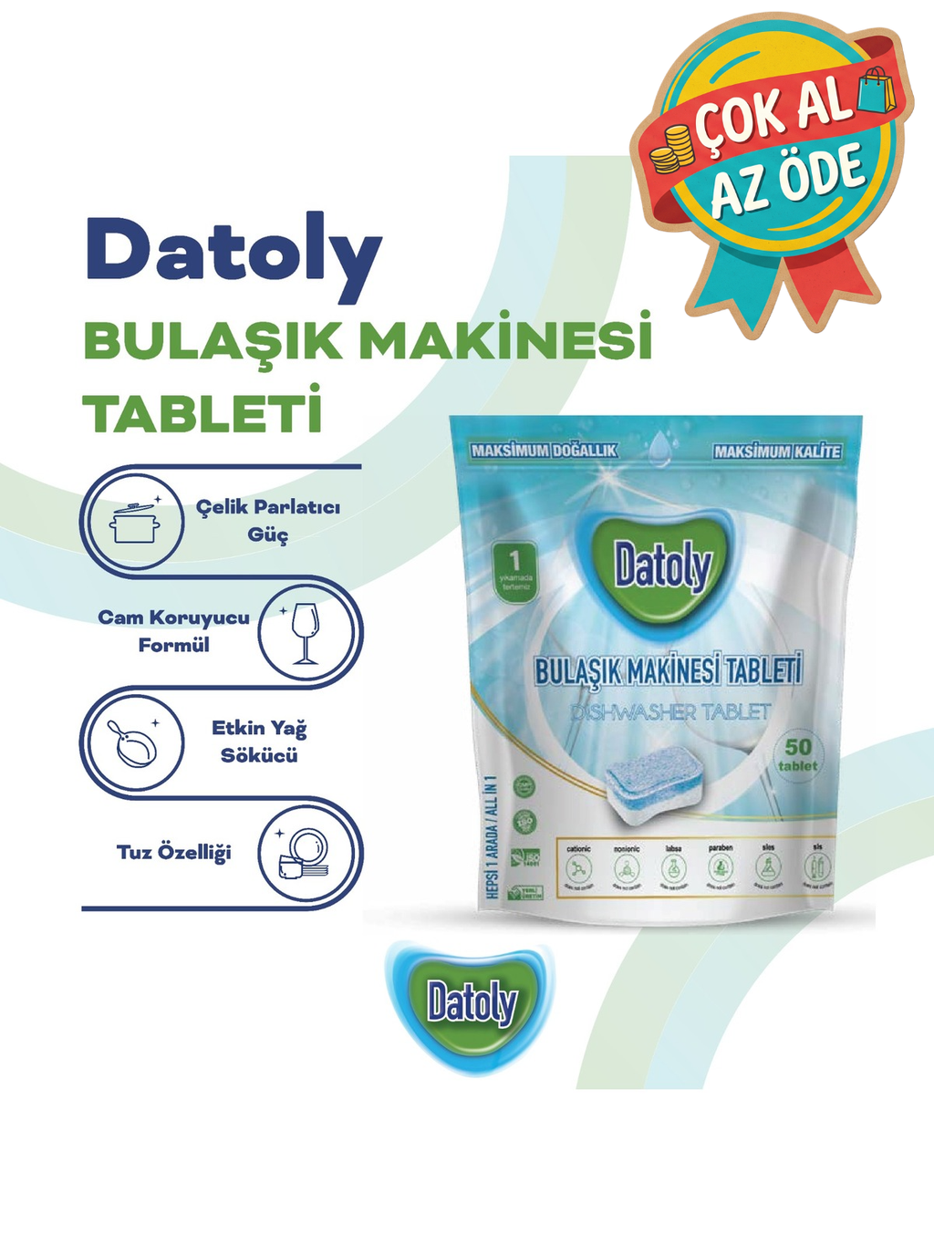 Datoly Hepsi 1 Arada Bulaşık Makinesi Tableti 50'li - Yağ Sökücü, Tuz & Parlatıcı Etkili Kireç Önleyici Deterjan
