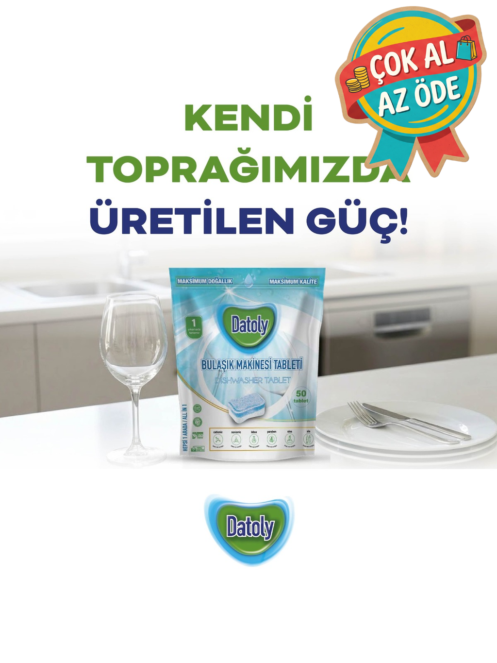 Datoly Hepsi 1 Arada Bulaşık Makinesi Tableti 50'li - Yağ Sökücü, Tuz & Parlatıcı Etkili Kireç Önleyici Deterjan