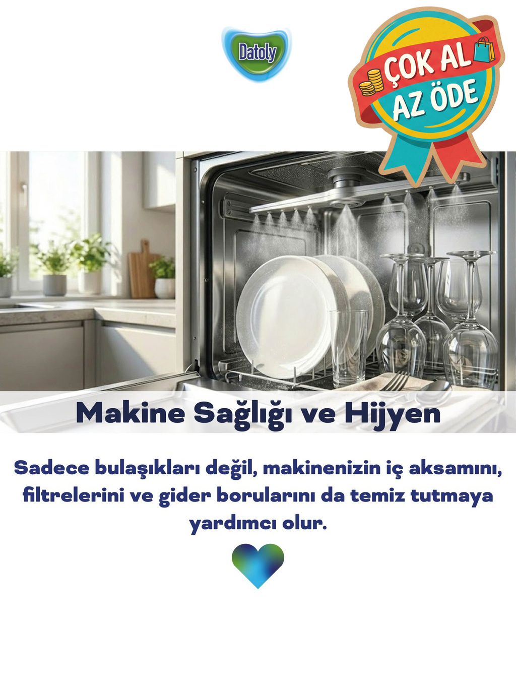 Datoly Hepsi 1 Arada Bulaşık Makinesi Tableti 50'li - Yağ Sökücü, Tuz & Parlatıcı Etkili Kireç Önleyici Deterjan