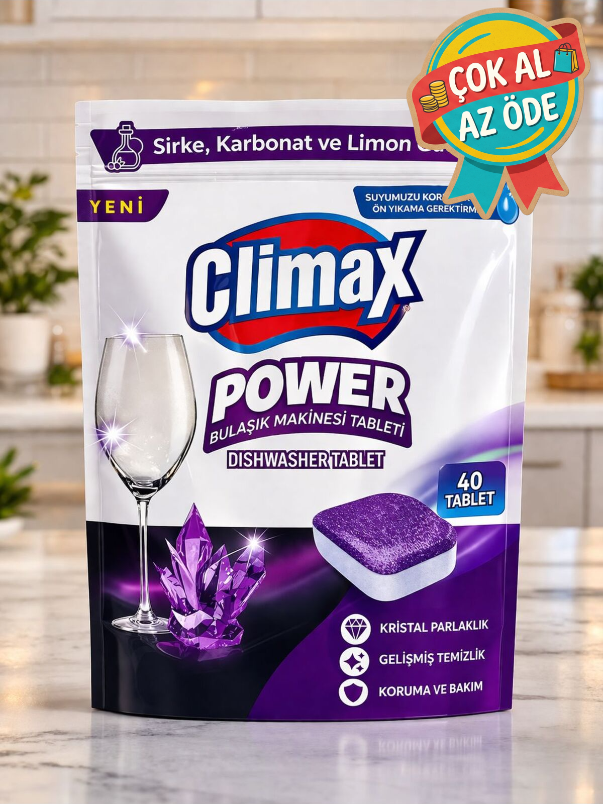 Climax Power Bulaşık Makinesi Tableti 40'lı - Sirke, Karbonat & Limon Güçlü Kristal Parlaklık Deterjanı