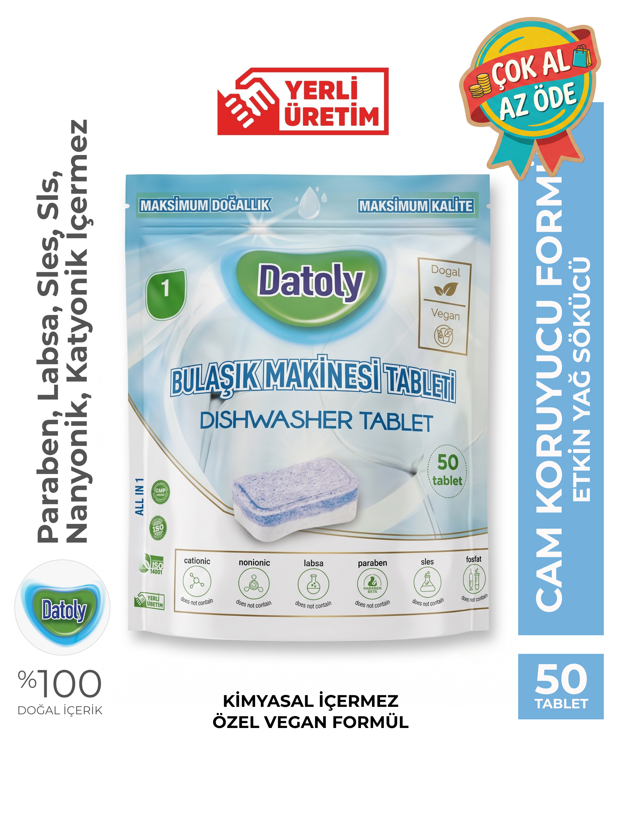 Datoly Hepsi 1 Arada Bulaşık Makinesi Tableti 50'li - Yağ Sökücü, Tuz & Parlatıcı Etkili Kireç Önleyici Deterjan