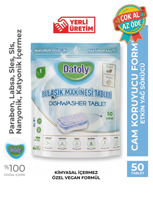 Datoly Hepsi 1 Arada Bulaşık Makinesi Tableti 50'li - Yağ Sökücü, Tuz & Parlatıcı Etkili Kireç Önleyici Deterjan