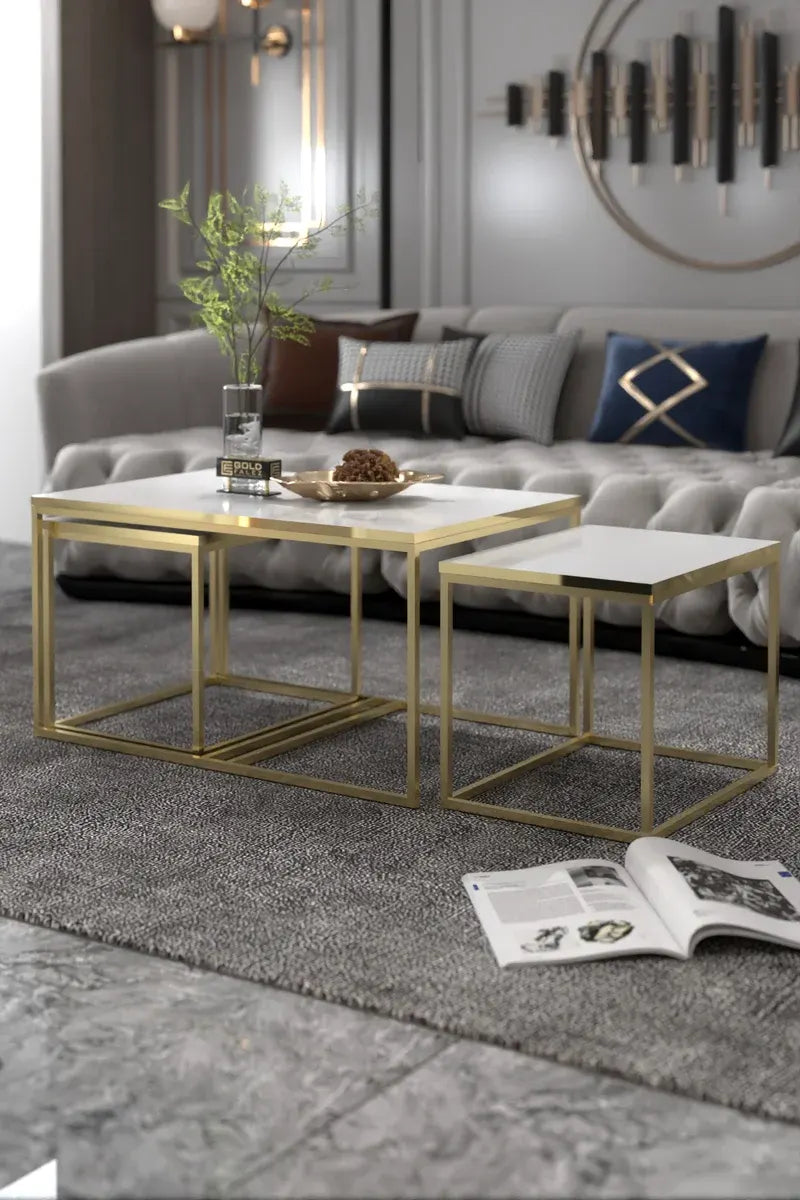 Orta Sehpa Ve Zigon Yan Sehpa Flora Set Gold Beyaz