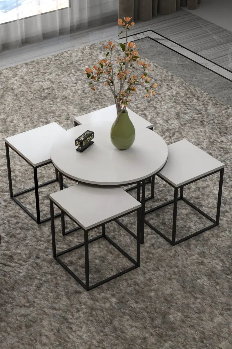 Orta Sehpa Ve Zigon Sehpa Oval Lüx 5'Li Set Beyaz