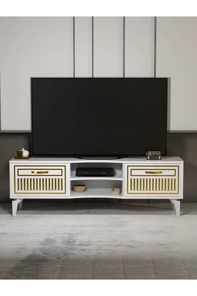 Tv Sehpası Tv Ünitesi Vera Beyaz Gold Çizgili 5052