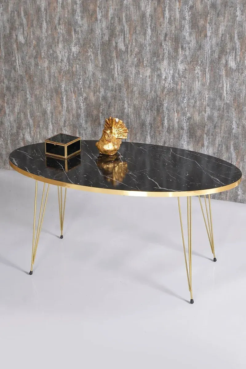Zigon Sehpa ve Orta Sehpa Elips Set Gold Bendir Tel