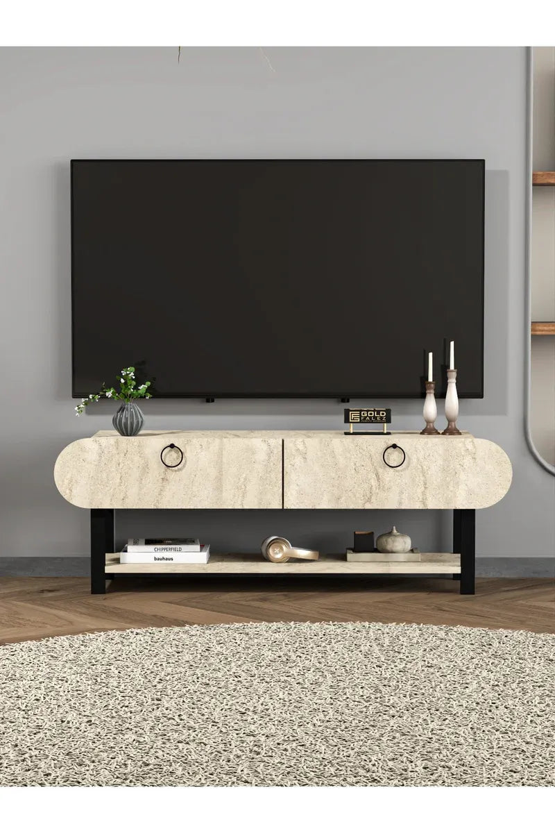 Tv Sehpası Tv Ünitesi Kapaklı Raflı Setro Traverten
