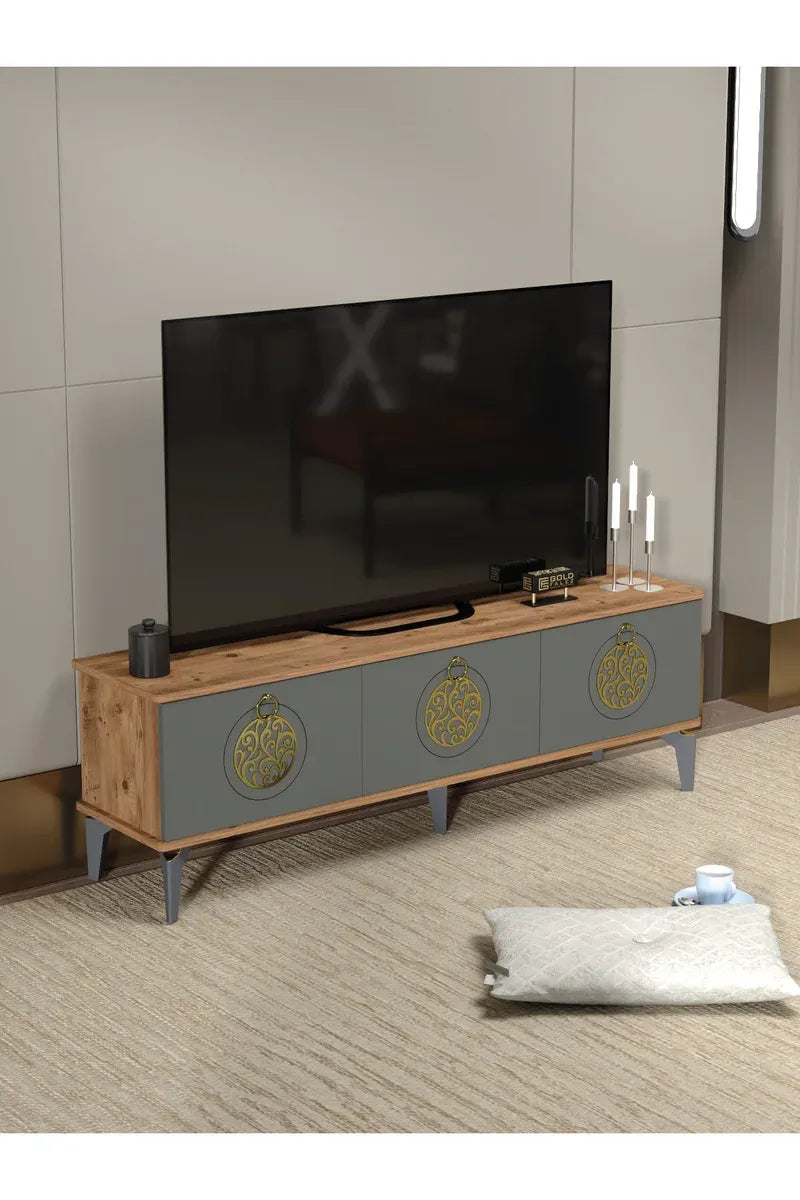 Tv Sehpası Tv Ünitesi Atlantik Çam Antrasit Gold 160 Cm Saraylı 5060