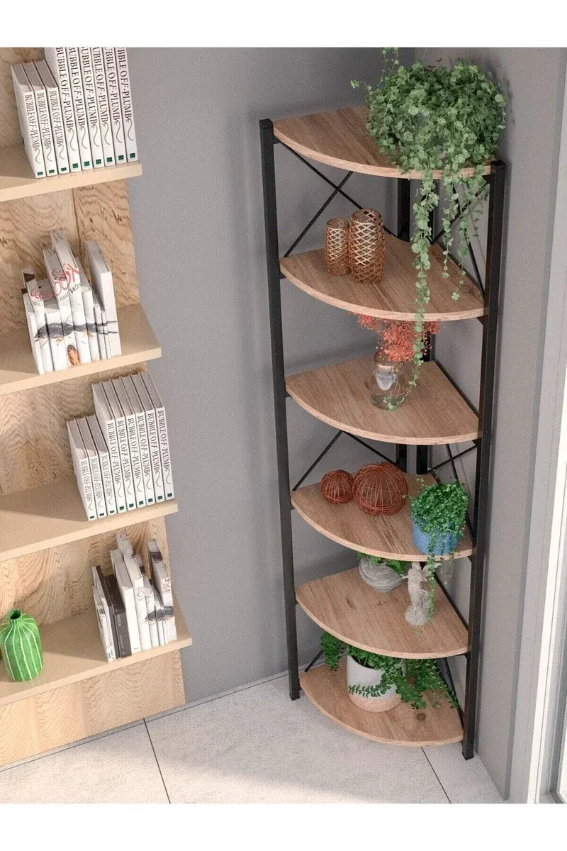 Kitaplık Çiçeklik 6 Raflı Ceviz Çok Amaçlı Stand Altı Bölmeli 160*30*43