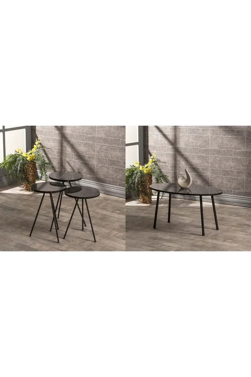 Zigon Sehpa Ve  Orta Sehpa Set  Metal  Elips Siyah Mermer Desen
