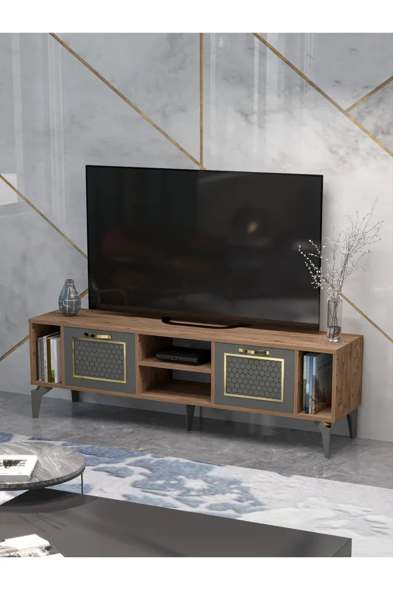 Tv Sehpası Tv Ünitesi Atlantik Çam Antrasit Gold 160 Cm Linya 5040