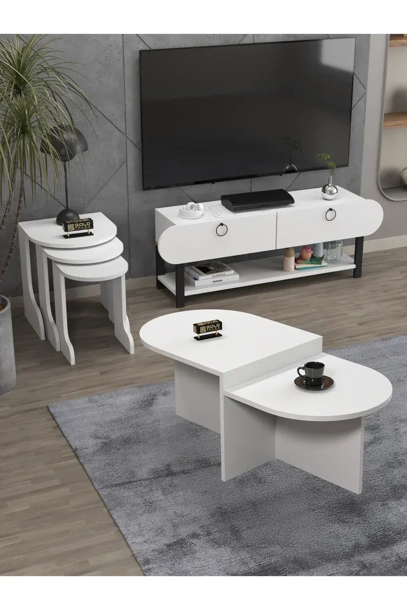 Tv Sehpası Ünitesi Tekli Orta Sehpa 3'Lü Zigon Sehpa Set Üç Ürün Beyaz