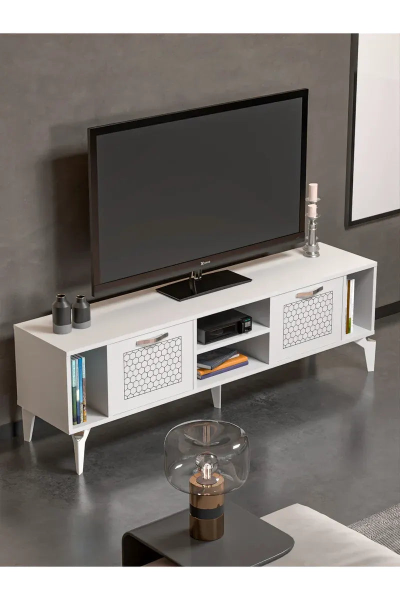 Tv Sehpası Tv Ünitesi Beyaz Gümüş 160 Cm Linya 5043