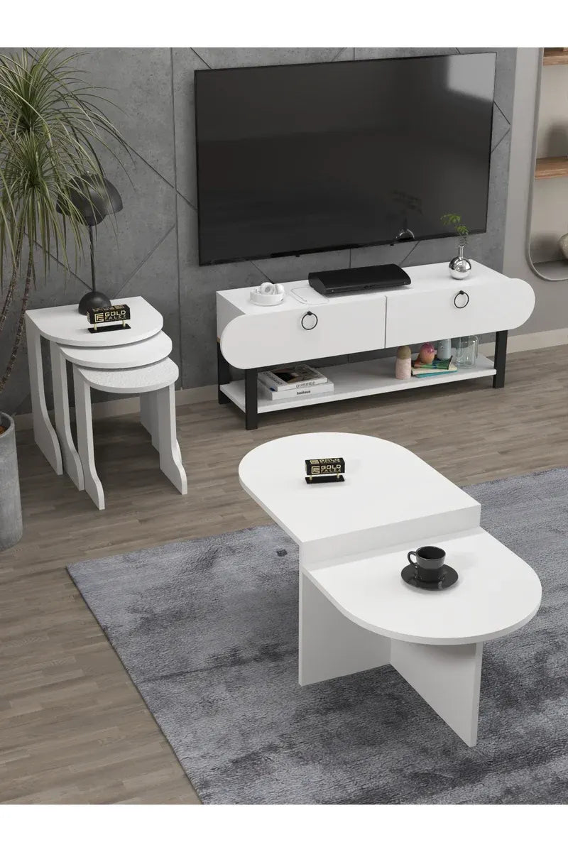 Tv Sehpası Ünitesi Tekli Orta Sehpa 3'Lü Zigon Sehpa Set Üç Ürün Beyaz