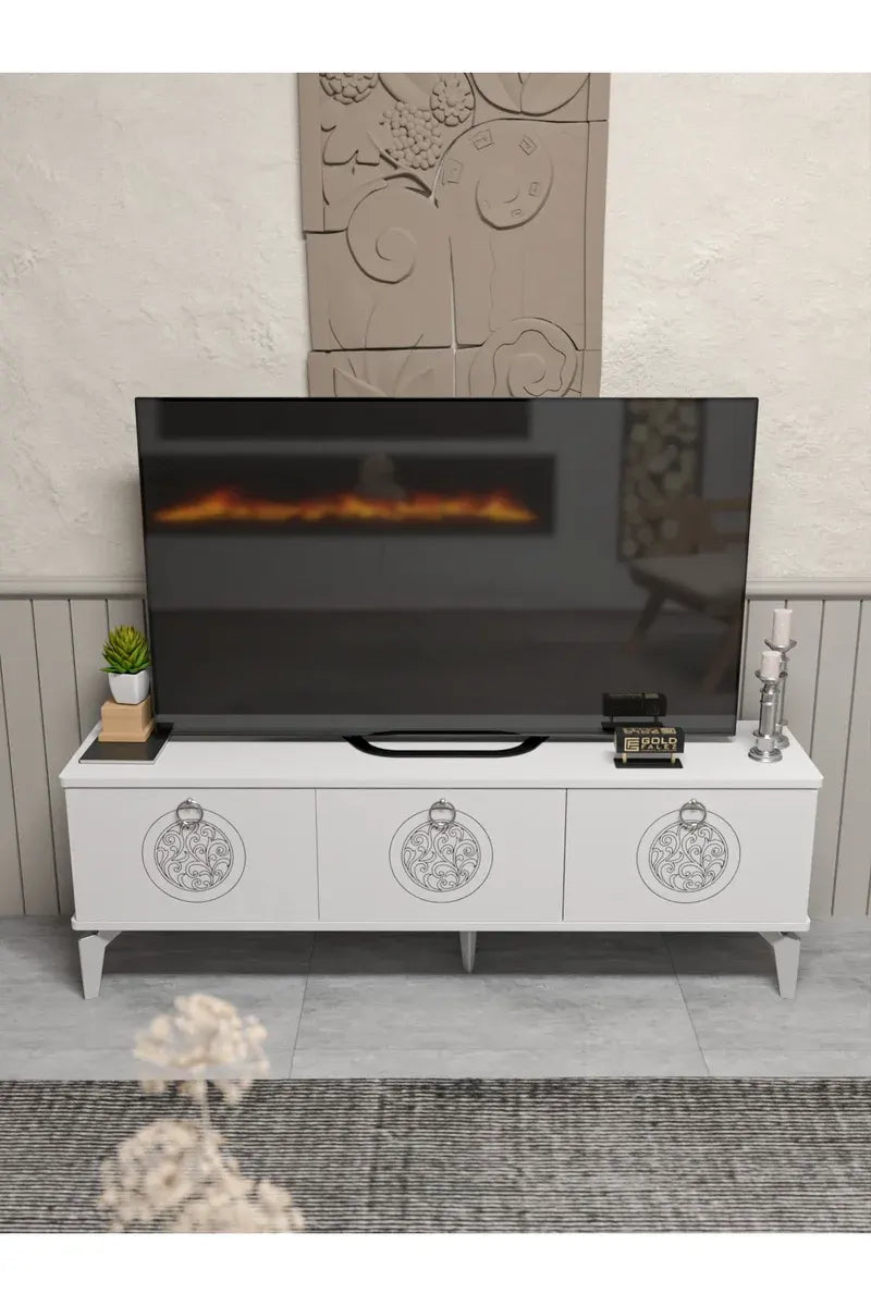 Tv Sehpası Tv Ünitesi Beyaz Gümüş 160 Cm Saraylı 5063