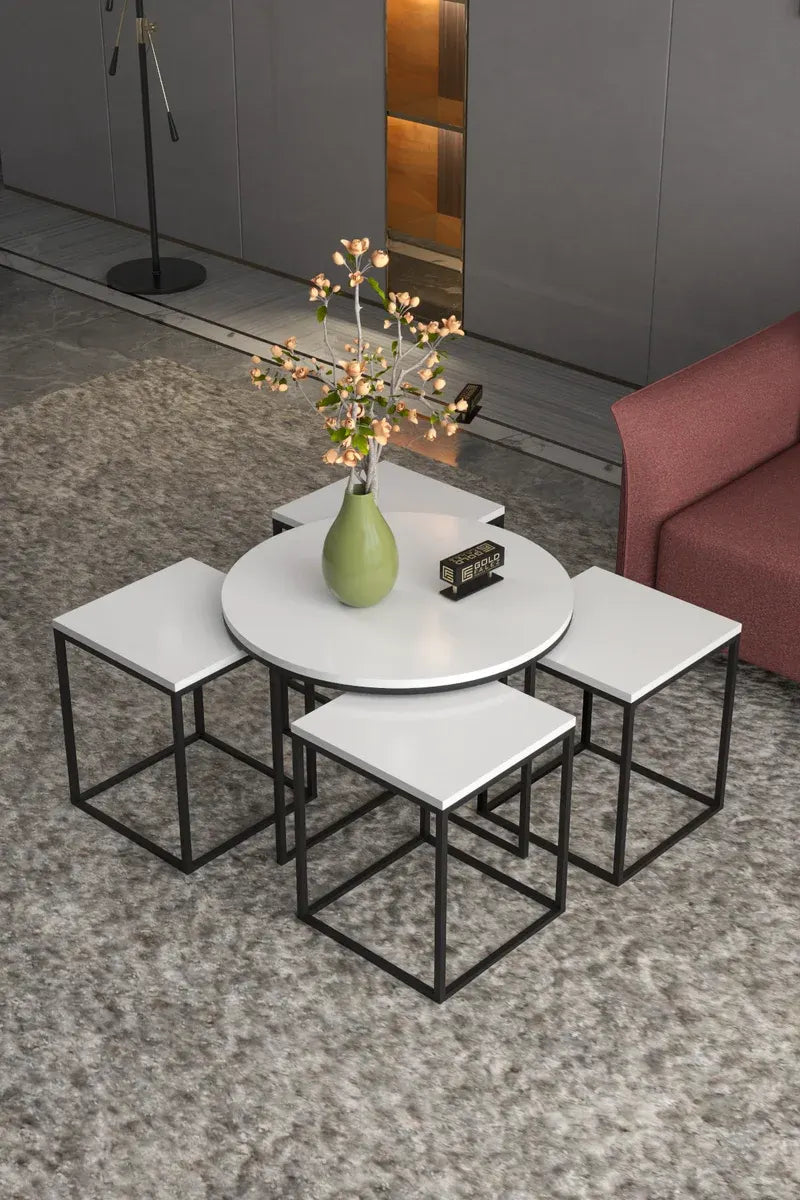 Orta Sehpa Ve Zigon Sehpa Oval Lüx 5'Li Set Beyaz