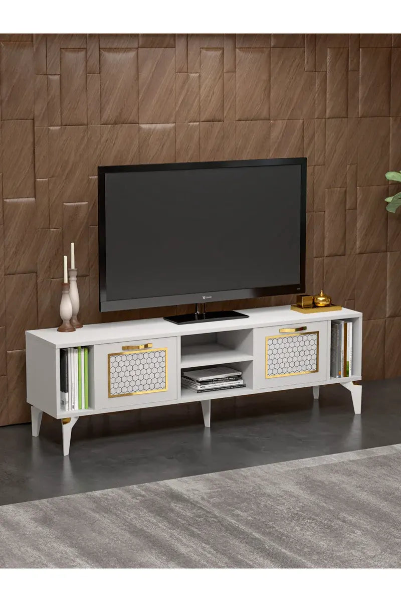Tv Sehpası Tv Ünitesi Beyaz Gold 160 Cm Linya 5042