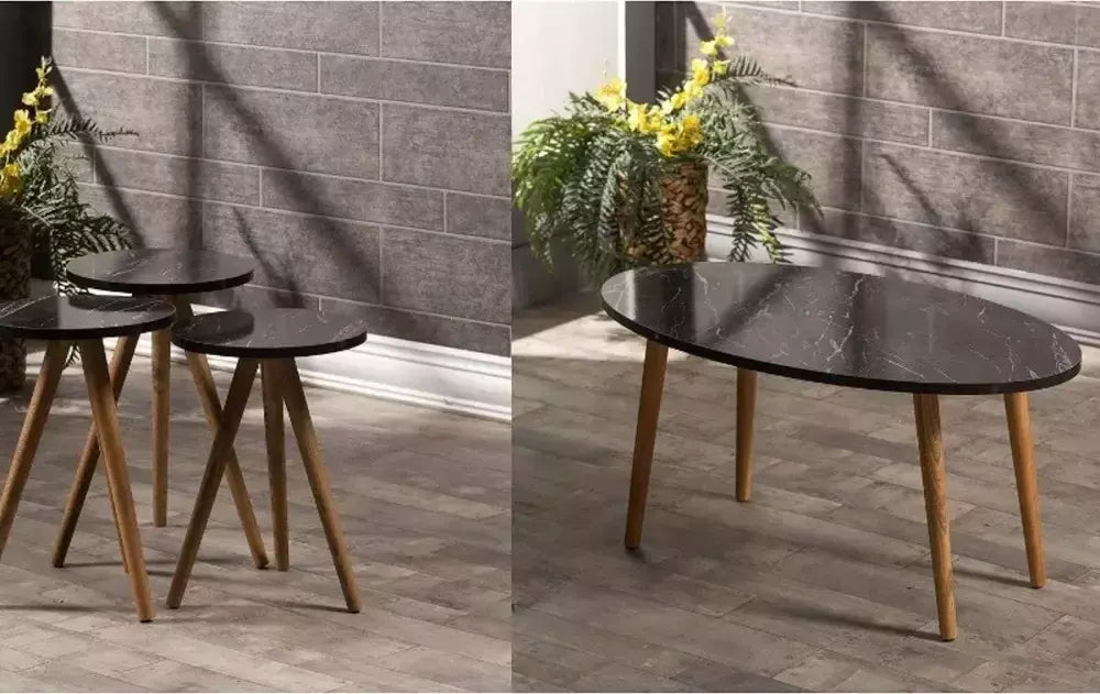 Zigon Sehpa Ve Orta Sehpa Set Ahşap Torna Elips Siyah Mermer Desen