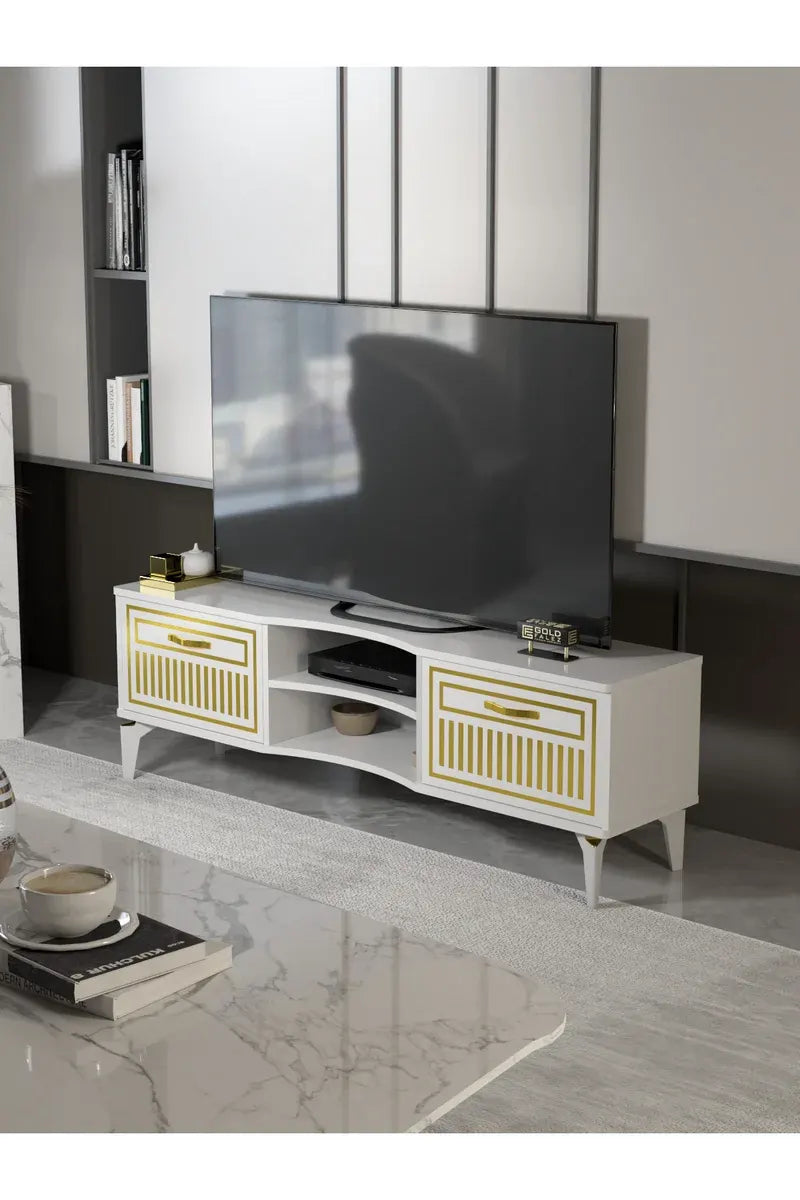 Tv Sehpası Tv Ünitesi Vera Beyaz Gold Çizgili 5052