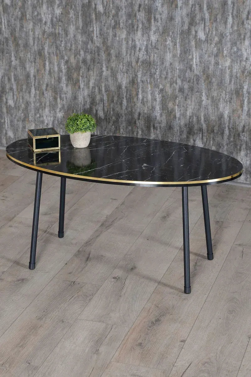 Zigon Sehpa Ve Orta Sehpa Elips Set Siyah Metal Ayak Çift Altın Bendir