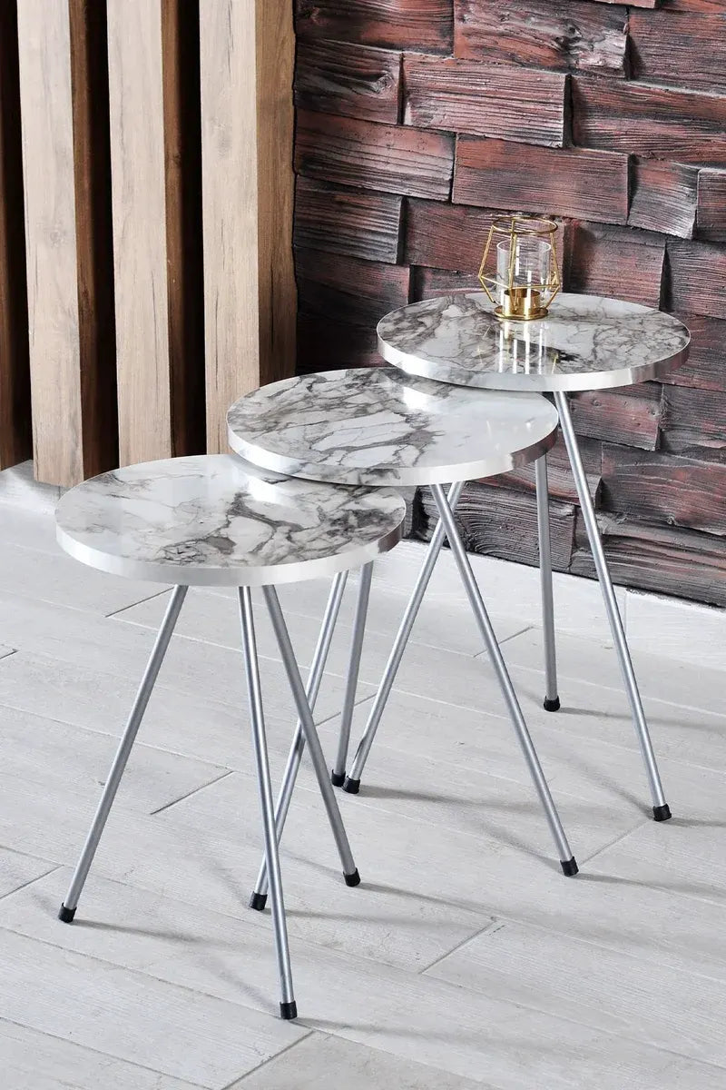 Zigon Sehpa ve Orta Sehpa Elips Gümüş Metal Ayak Gümüş Efes Set