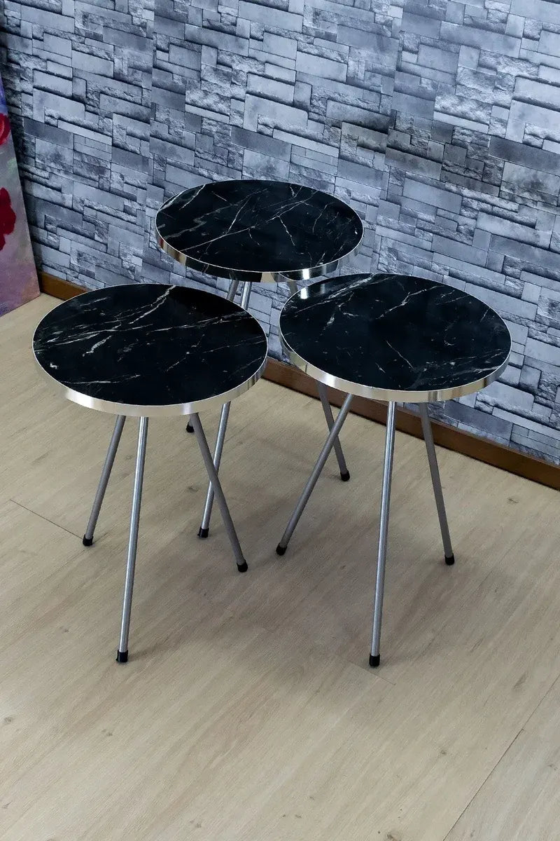 Zigon Sehpa 3'lü Gümüş Metal Ayak Gümüş Siyah Bendir 1069