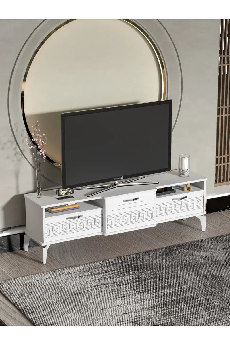 Tv Sehpası Tv Ünitesi 160 Cm Gümüş Beyaz Mistral 5073