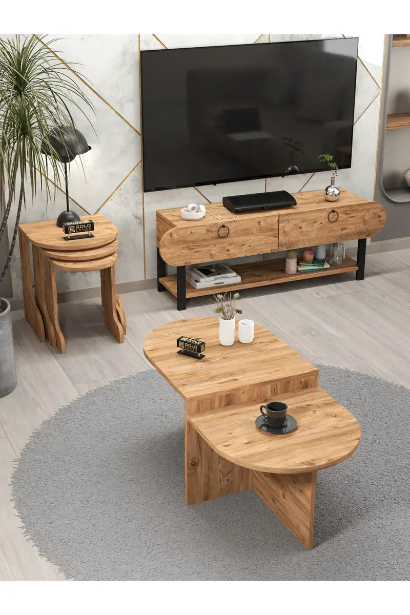 Tv Sehpası Ünitesi Tekli Orta Sehpa 3'Lü Zigon Sehpa Set Üç Ürün Atlantik Çam