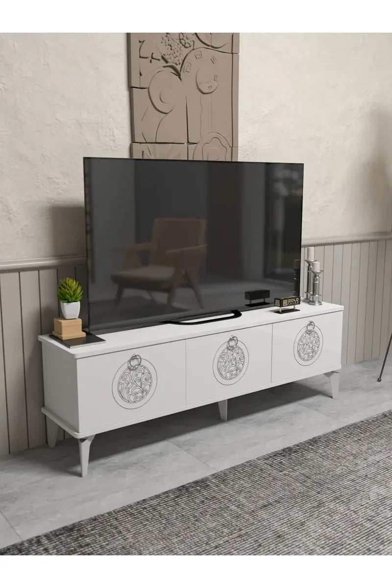 Tv Sehpası Tv Ünitesi Beyaz Gümüş 160 Cm Saraylı 5063