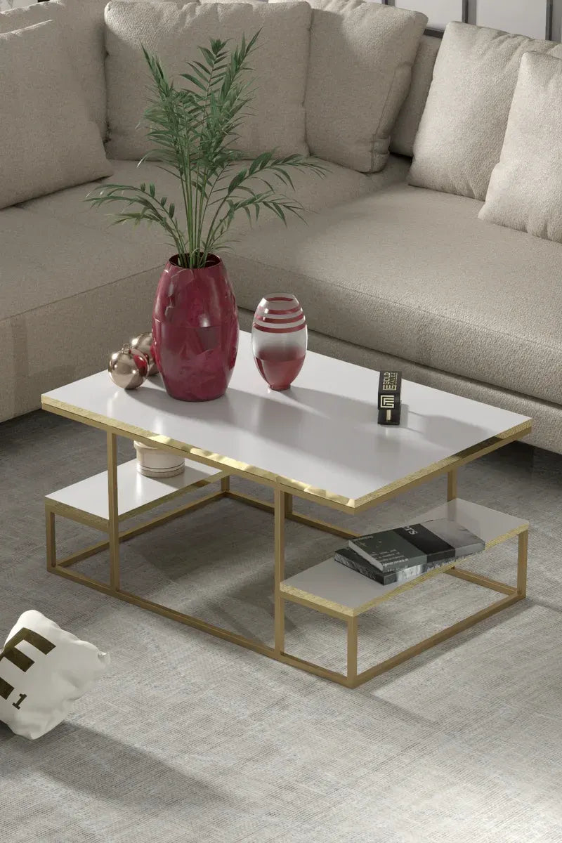 Orta Sehpa Delux Raflı Gold Beyaz