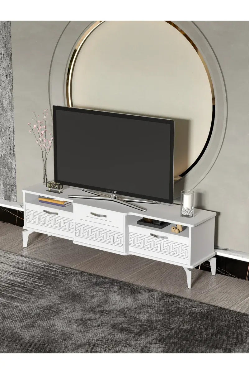 Tv Sehpası Tv Ünitesi 160 Cm Gümüş Beyaz Mistral 5073