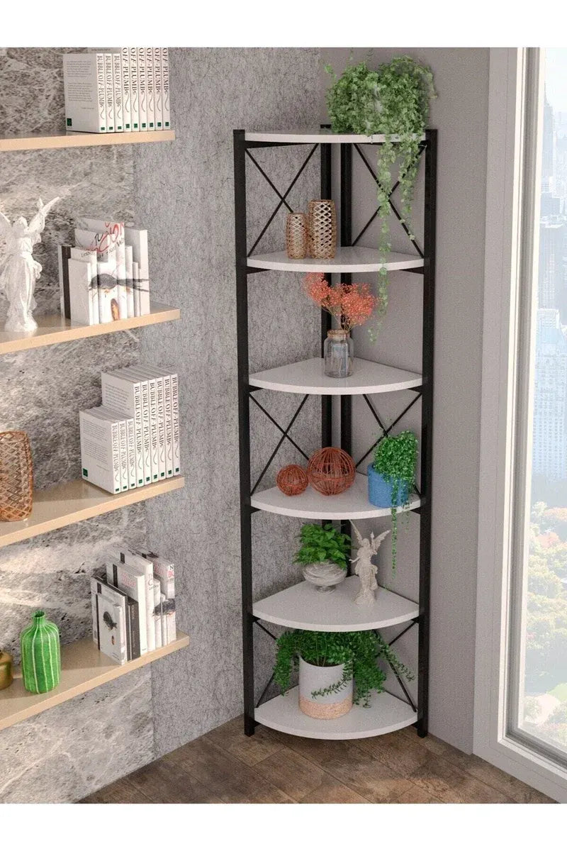Kitaplık Çiçeklik 6 Raflı Beyaz Çok Amaçlı Stand Altı Bölmeli 160*30*43
