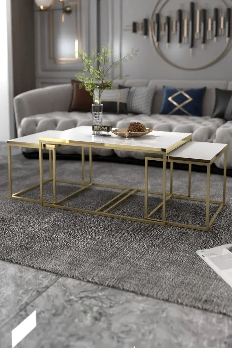 Orta Sehpa Ve Zigon Yan Sehpa Flora Set Gold Beyaz