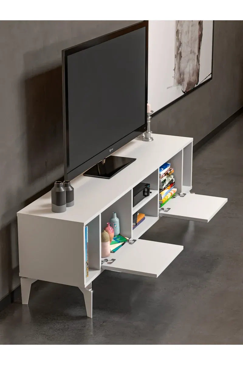 Tv Sehpası Tv Ünitesi Beyaz Gümüş 160 Cm Linya 5043