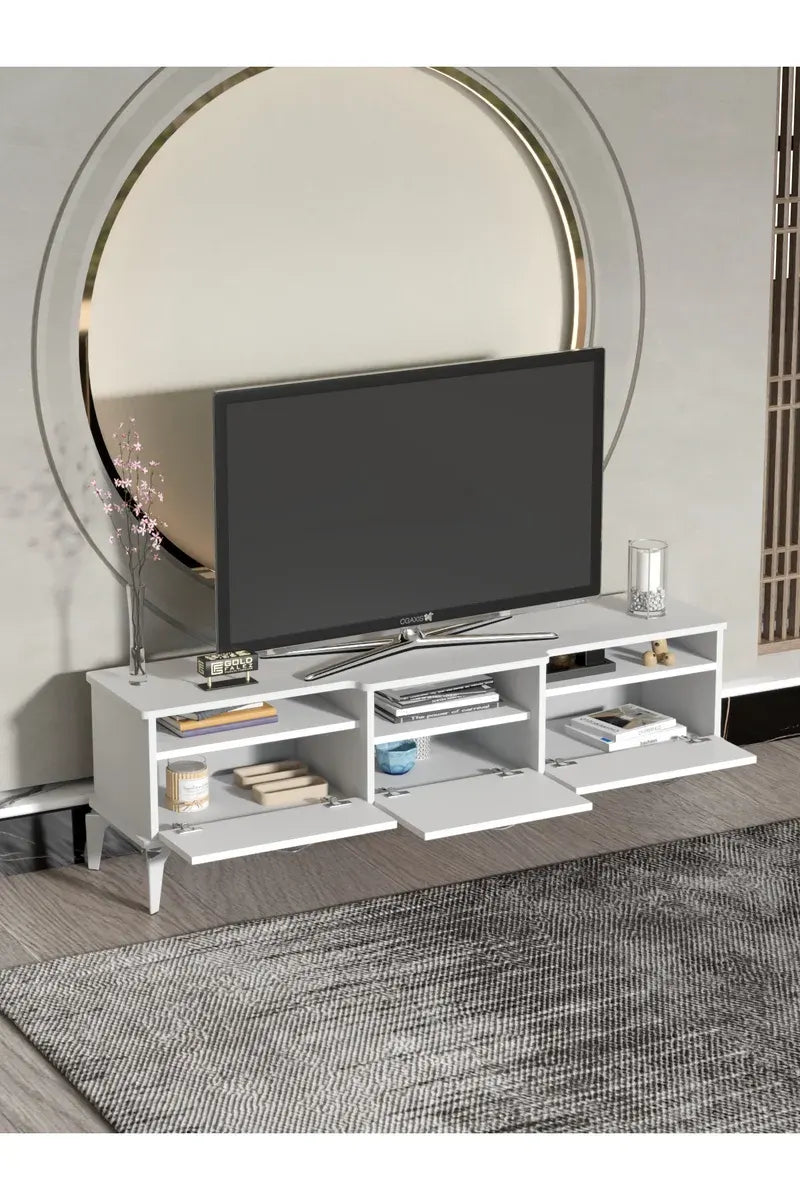 Tv Sehpası Tv Ünitesi 160 Cm Gümüş Beyaz Mistral 5073