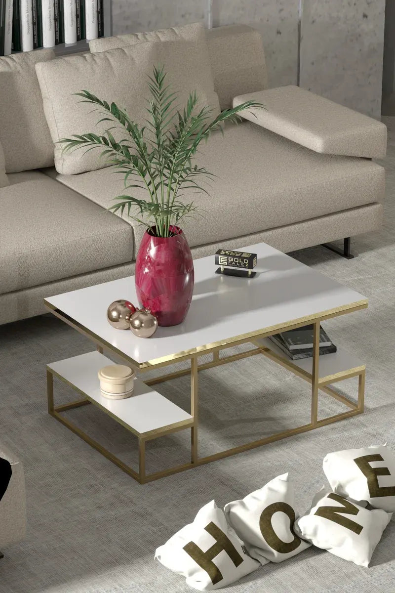 Orta Sehpa Delux Raflı Gold Beyaz