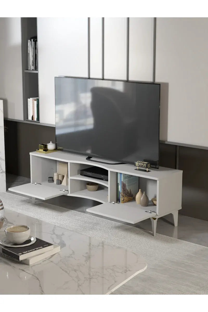 Tv Sehpası Tv Ünitesi Vera Beyaz Gold Çizgili 5052