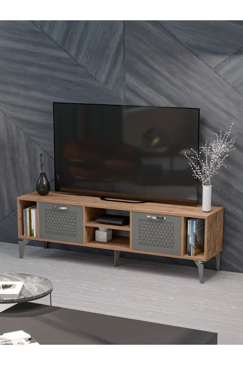 Tv Sehpası Tv Ünitesi Atlantik Çam Antrasit Gümüş 160 Cm Linya 5041