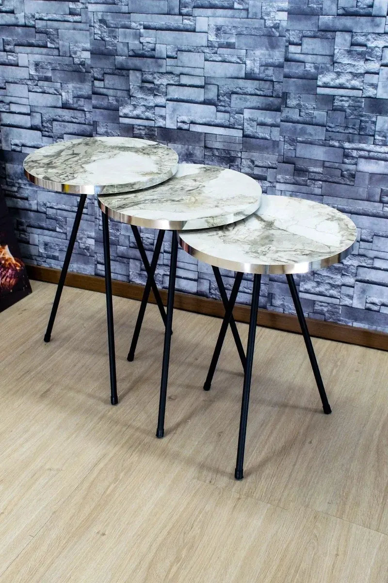 Zigon Sehpa 3'lü Siyah Metal Ayak Gümüş Efes 1071