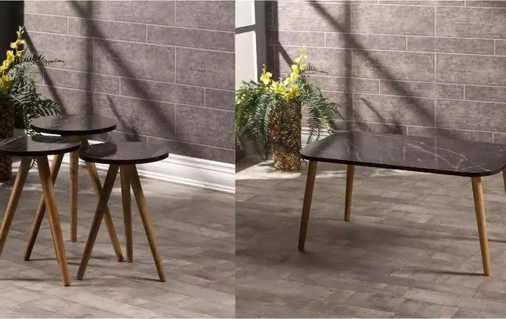 Zigon Sehpa Ve Orta Sehpa Set Ahşap Kr Torna Siyah Mermer Desen
