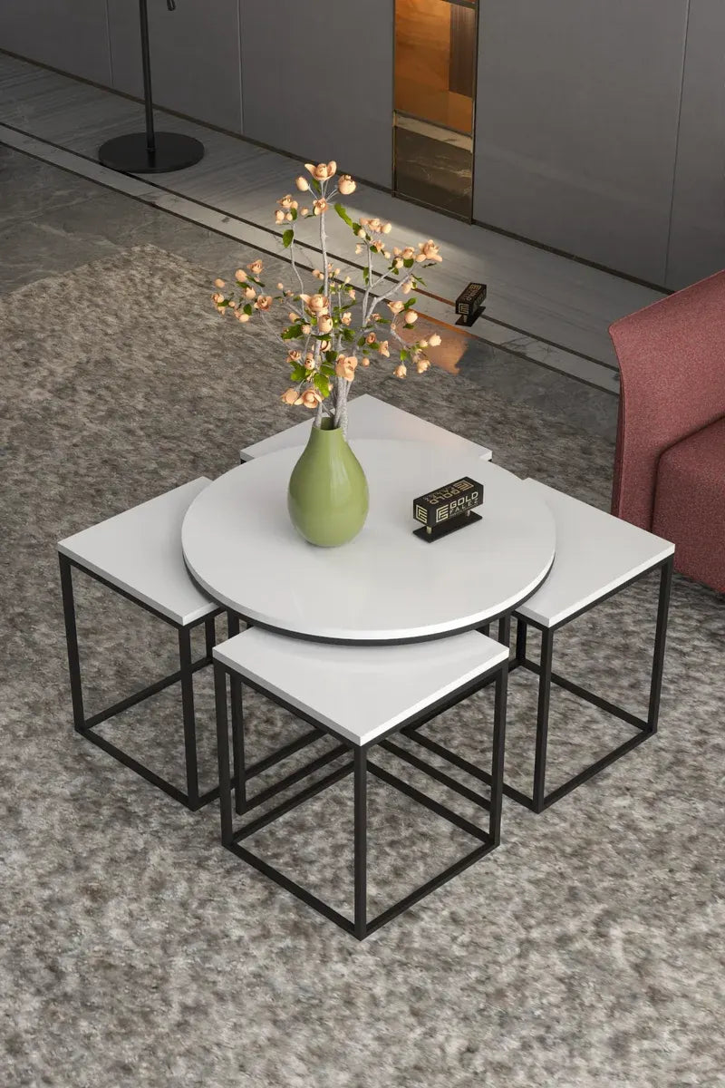 Orta Sehpa Ve Zigon Sehpa Oval Lüx 5'Li Set Beyaz
