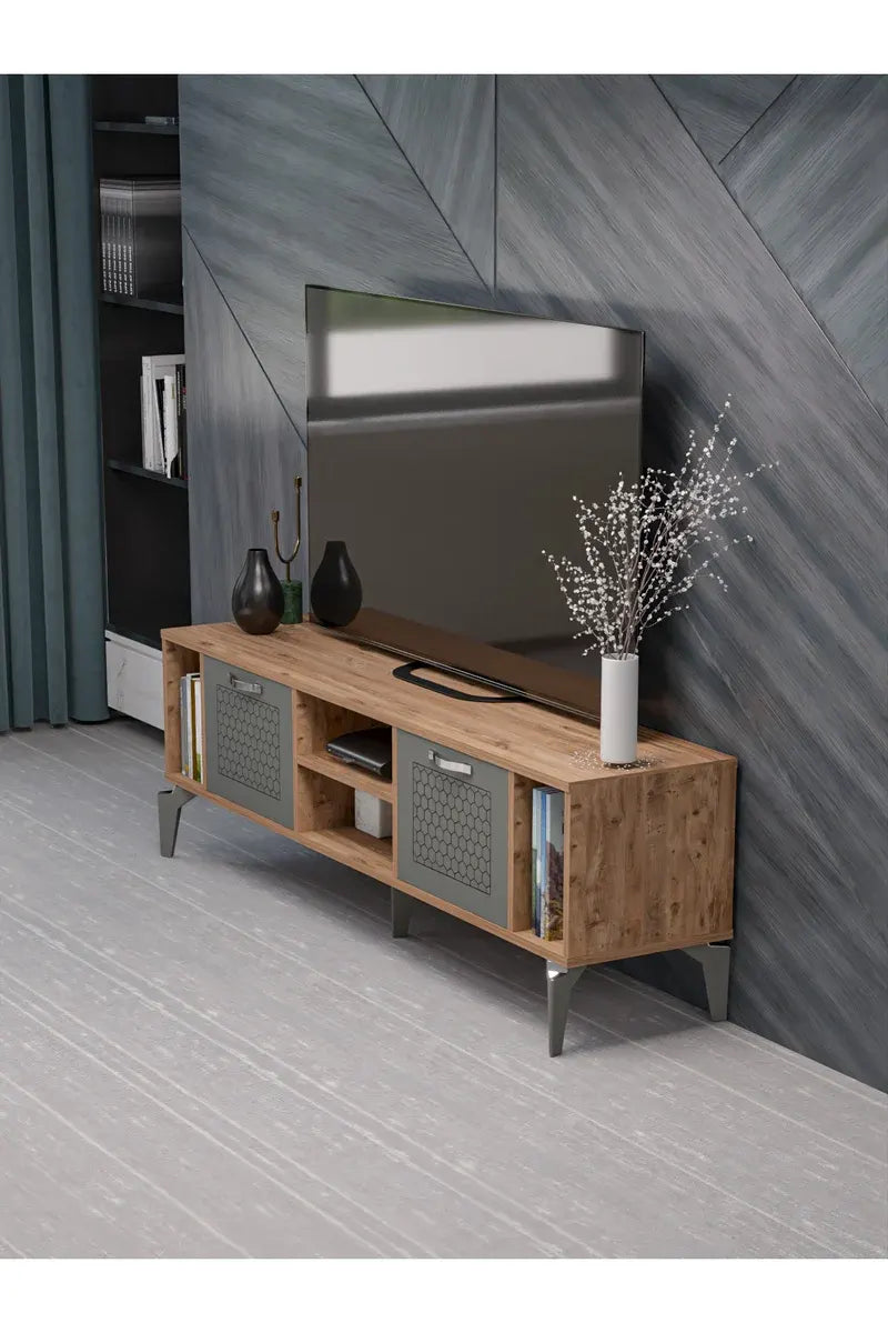 Tv Sehpası Tv Ünitesi Atlantik Çam Antrasit Gümüş 160 Cm Linya 5041