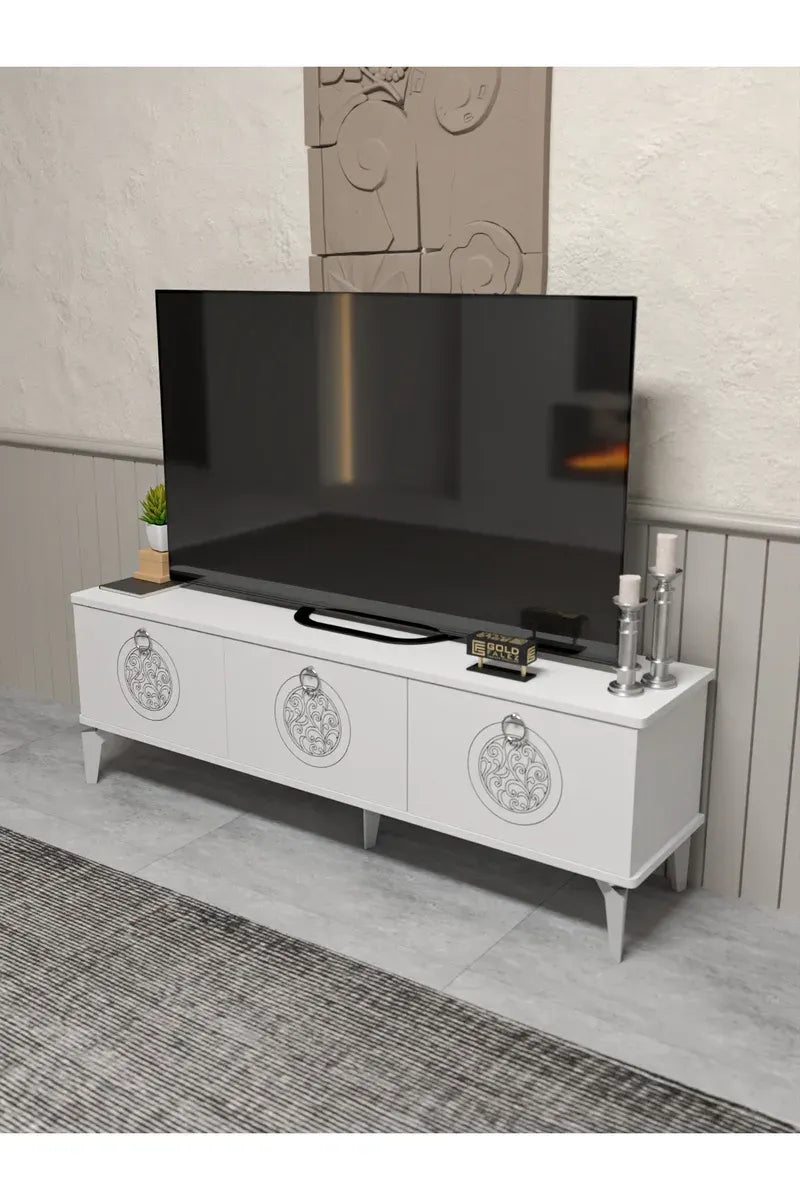 Tv Sehpası Tv Ünitesi Beyaz Gümüş 160 Cm Saraylı 5063