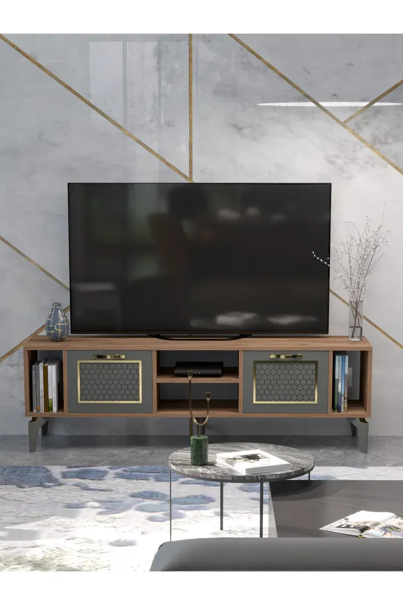 Tv Sehpası Tv Ünitesi Atlantik Çam Antrasit Gold 160 Cm Linya 5040