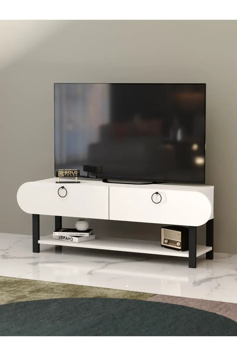 Tv Sehpası Tv Ünitesi Kapaklı Raflı Setro Beyaz