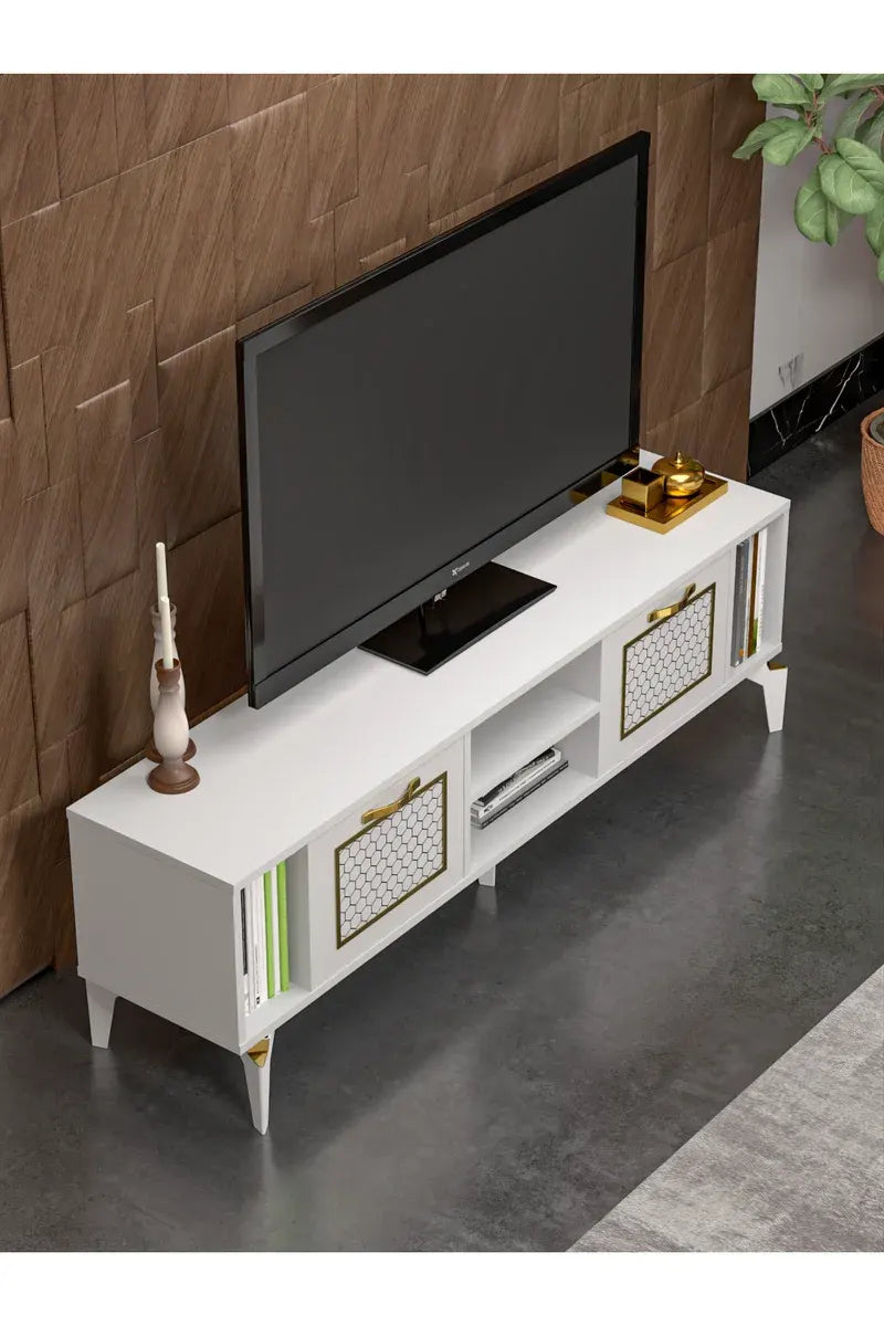 Tv Sehpası Tv Ünitesi Beyaz Gold 160 Cm Linya 5042