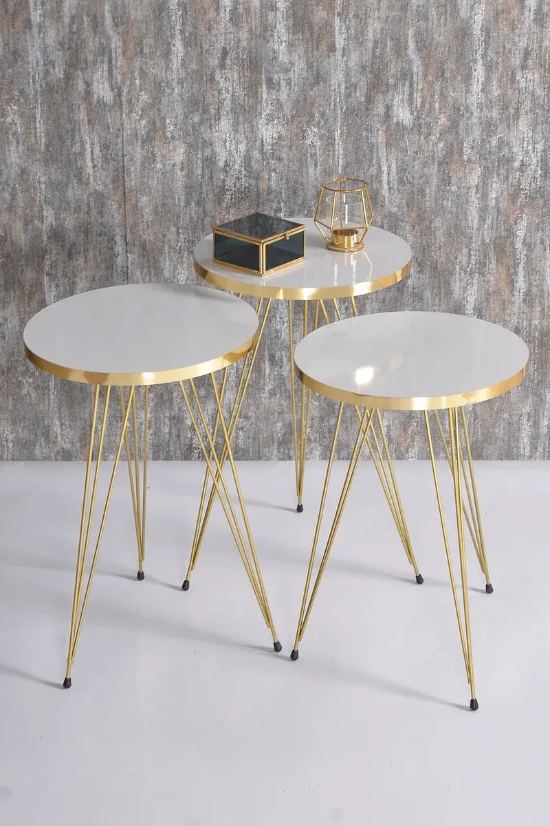 Zigon Sehpa ve Orta Sehpa Beyaz Elips Set Tel Ayak Gold