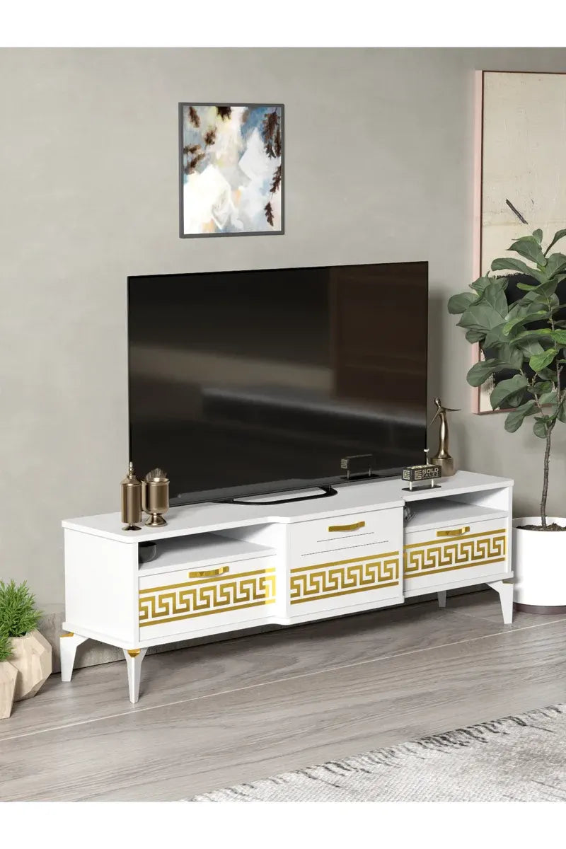 Tv Sehpası Tv Ünitesi 160 Cm Gold Beyaz Mistral 5072